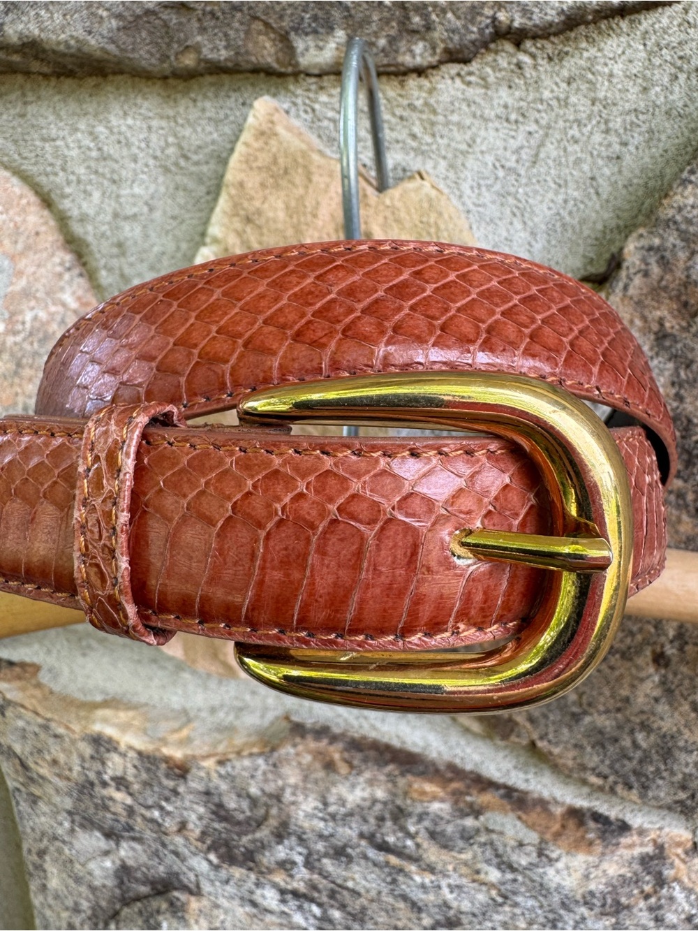 Genuine Snakeskin Belt Brown Cognac Gold Buckle Size Small S Vintage Style